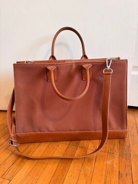 Unisex Brown Leather-Trim Canvas Briefcase - Versatile Work Bag